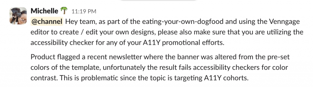 screenshot of a slack message talking about accessibility issues in newsletter header